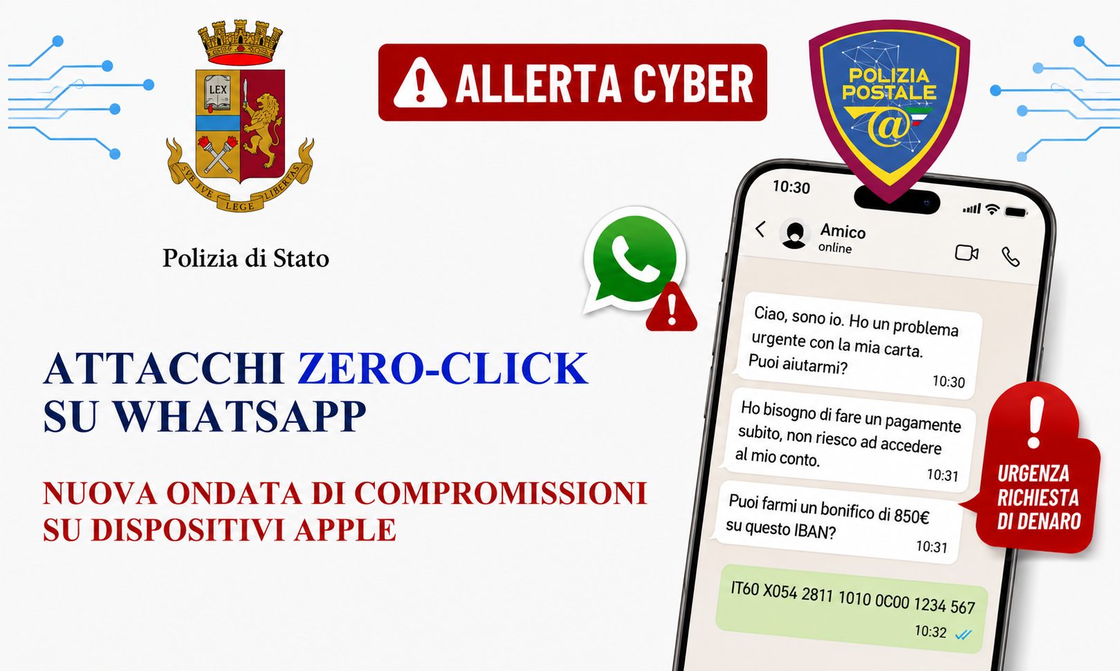 Smartphone con logo WhatsApp e icona di allarme, che simboleggia gli attacchi zero-click e l'allarme della Polizia