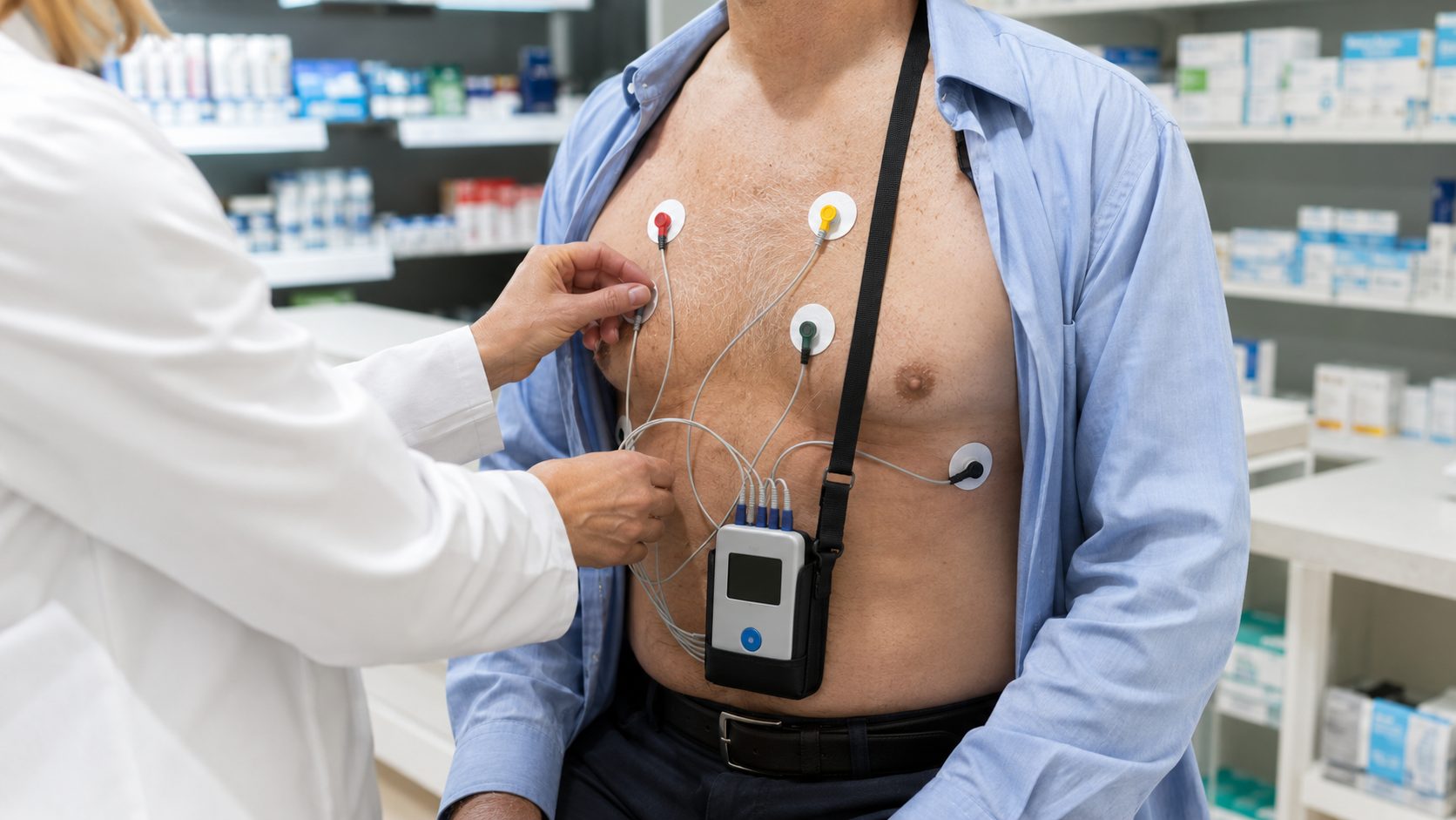 Immagine a scopo illustrativo: apparecchio Holter cardiaco in farmacia