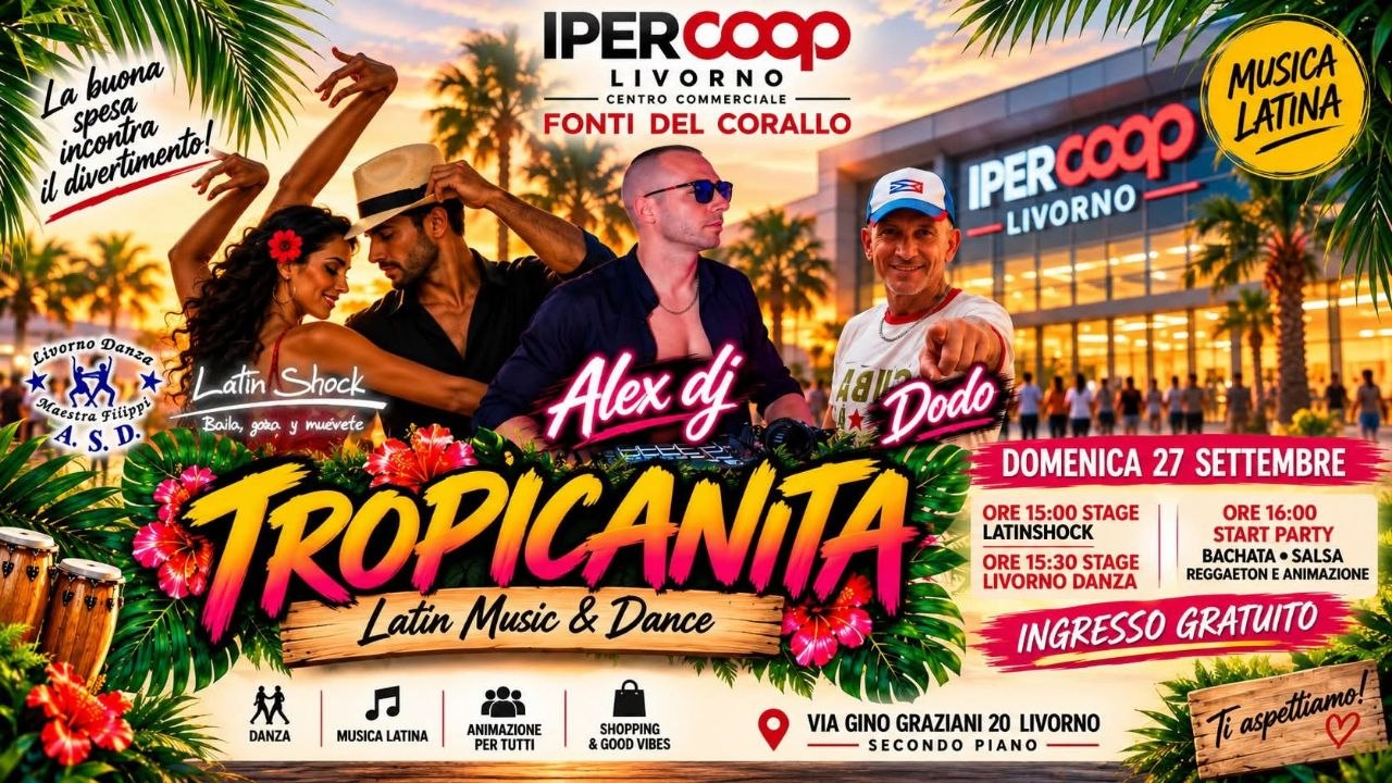 Persone che ballano musica latina durante l'evento Tropicanita all'Ipercoop Fonti del Corallo di Livorno.