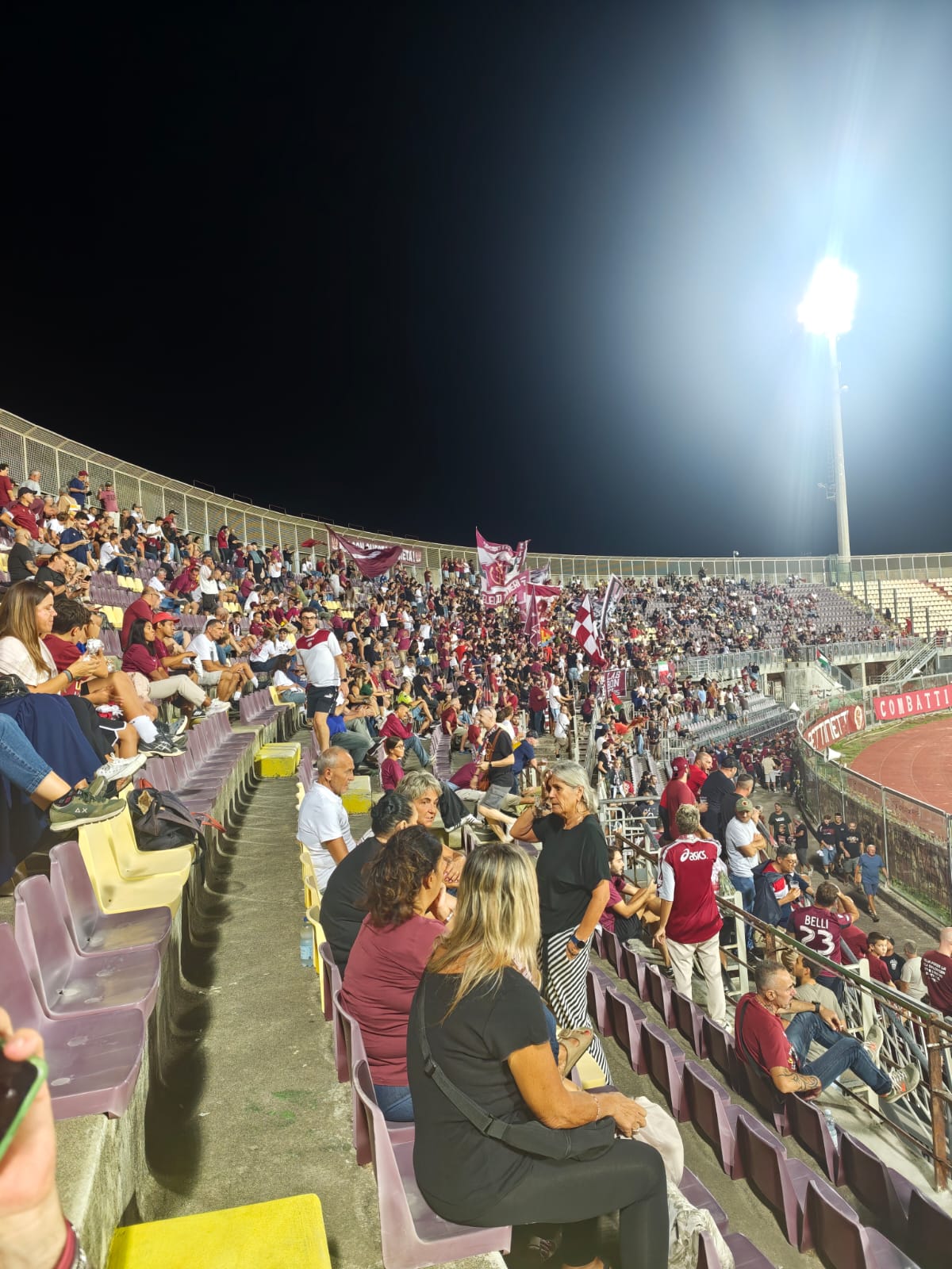 Stadio Armando Picchi di Livorno durante una partita di calcio, con tifosi e campo da gioco.