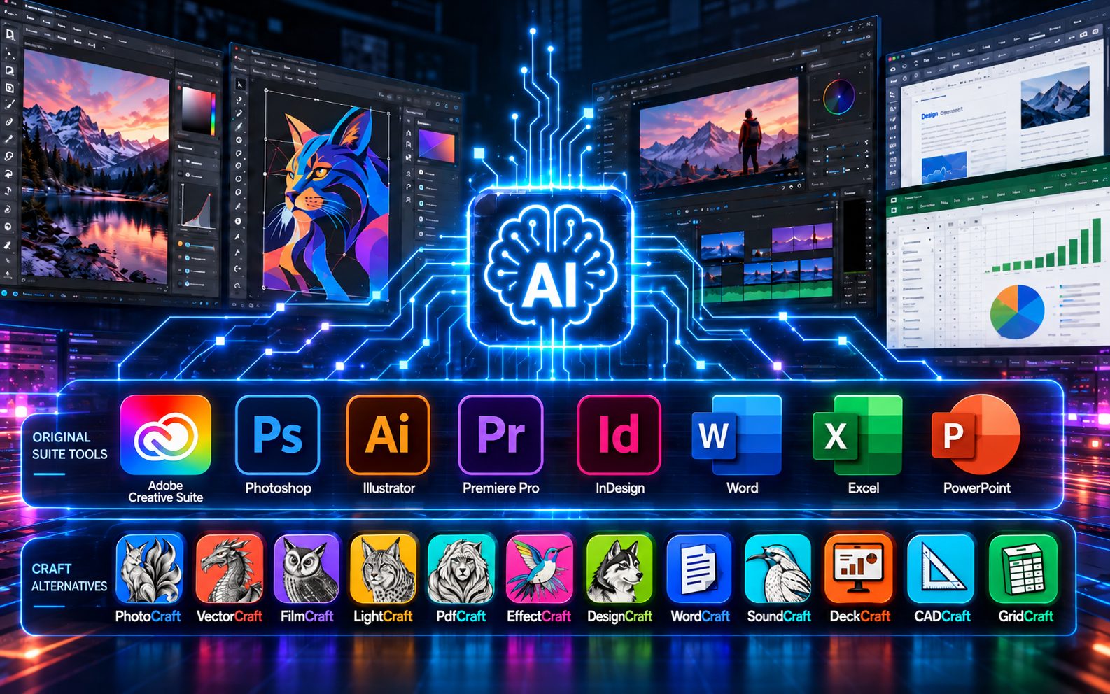 Interfaccia del software PhotoCraft, alternativa gratuita a Photoshop, sviluppato con intelligenza artificiale.